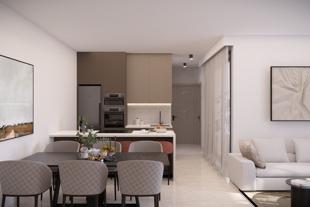Render of an open plan living, dining and kitchen area in a 2 Bedroom Apartment in Geroskipou, Paphos