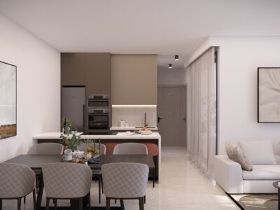 Render of an open plan living, dining and kitchen area in a 2 Bedroom Apartment in Geroskipou, Paphos