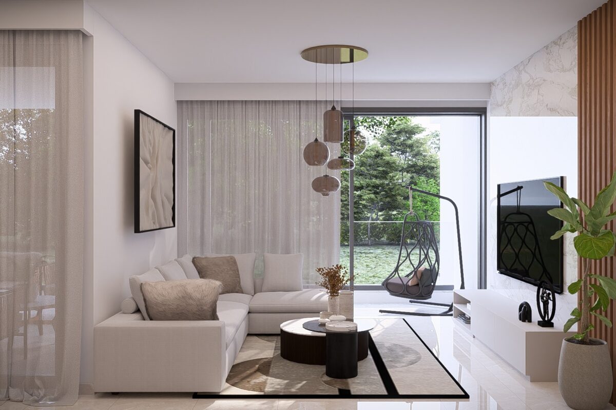 Render of a living area opening onto a covered veranda in a 2 Bedroom Apartment in Geroskipou, Paphos