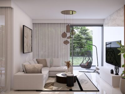 Render of a living area opening onto a covered veranda in a 2 Bedroom Apartment in Geroskipou, Paphos
