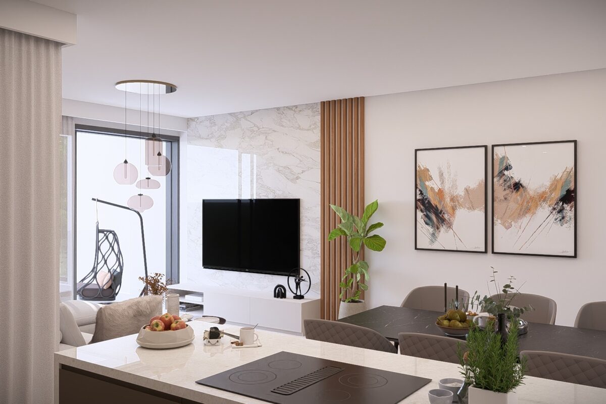 Render of an open plan living area in a 2 Bedroom Apartment in Geroskipou, Paphos