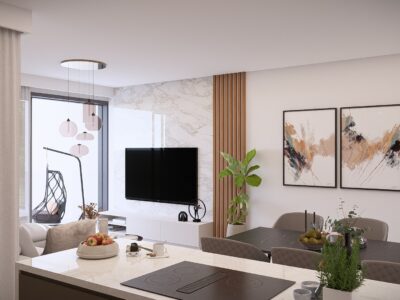 Render of an open plan living area in a 2 Bedroom Apartment in Geroskipou, Paphos