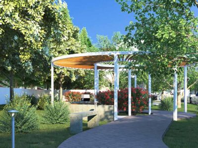 Render of the adjacent public park with pergola and planting