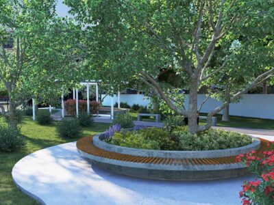 Render of the adjacent public park with seating and flowering beds